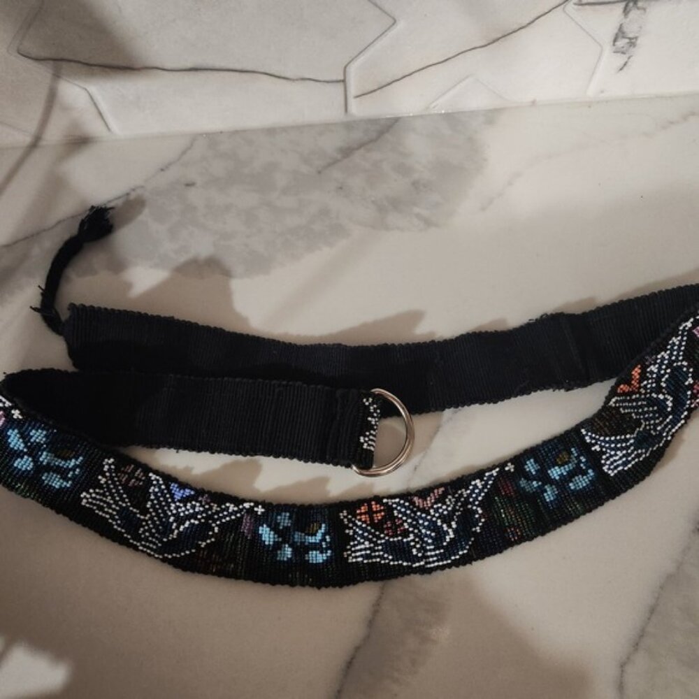 Woven Native American Beaded Belt Black Blue Bird Floral D-Ring‎ Waist Accessory - Picture 3 of 5